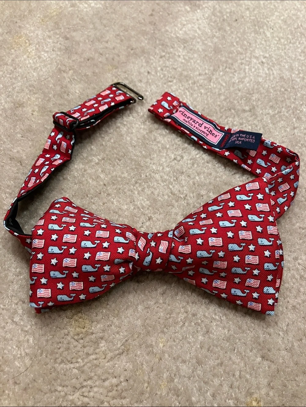 Vineyard Vines Red patriotic Bow Tie with Whale & Flag Motif